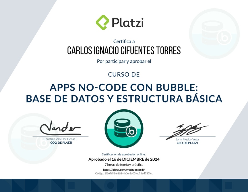 Diploma del Curso de Apps No-code con Bubble: Base de Datos y Estructura Básica