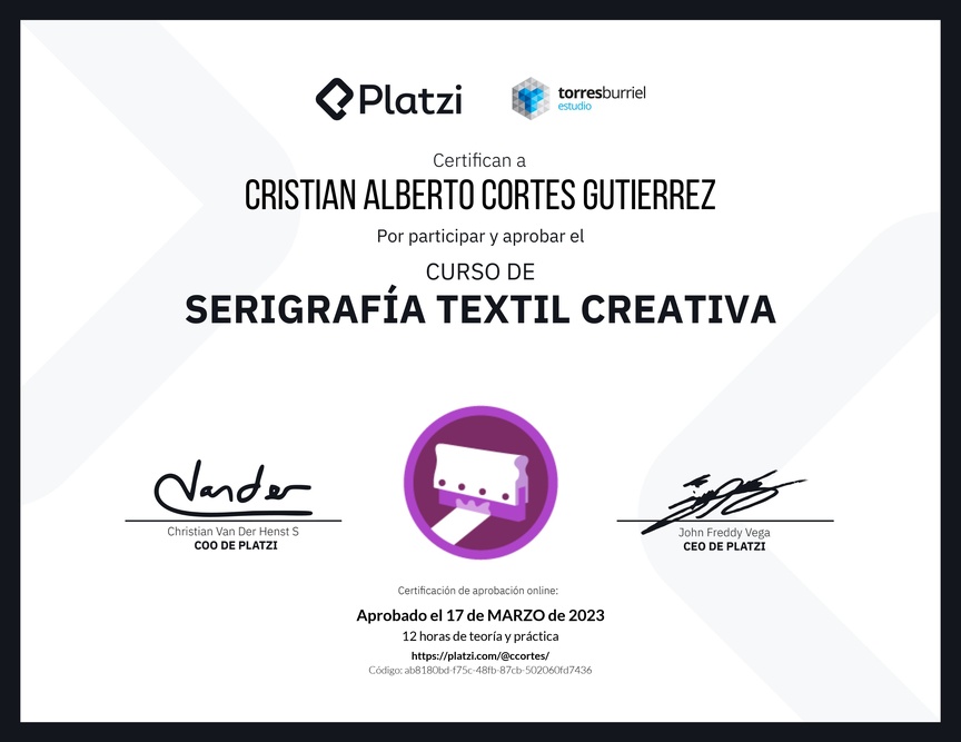 Diploma del Curso de Serigrafía Textil Creativa