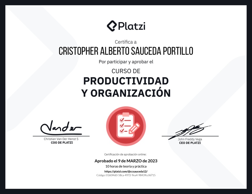 Diploma del Curso de Productividad y Organización