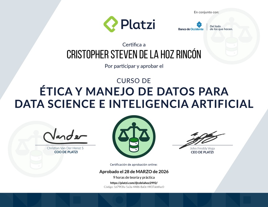 Diploma del Curso de Ética y Manejo de Datos para Data Science e Inteligencia Artificial