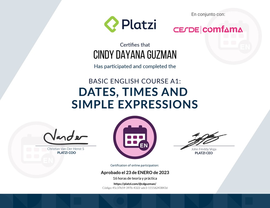 Diploma del Curso de Inglés Básico A1: Fechas, Horas y Expresiones Simples