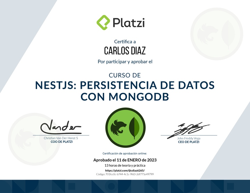 Diploma del Curso de NestJS: Persistencia de Datos con MongoDB