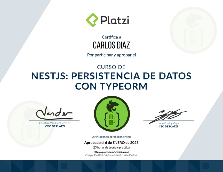 Diploma del Curso de NestJS: Persistencia de Datos con TypeORM