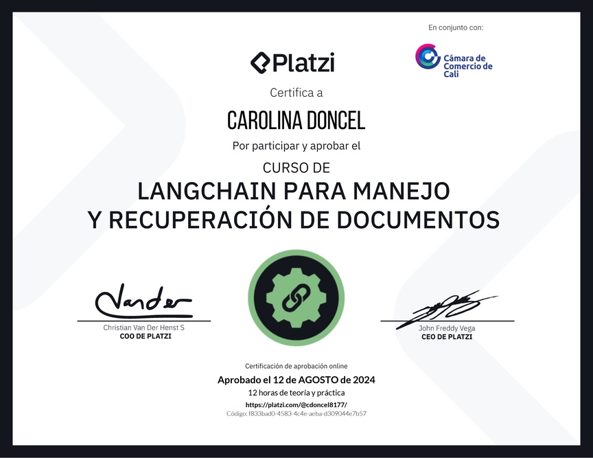 Diploma del Curso de LangChain para Manejo y Recuperación de Documentos