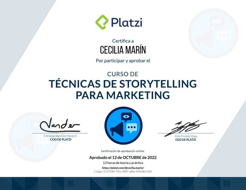 Diploma del Curso de Técnicas de Storytelling para Marketing