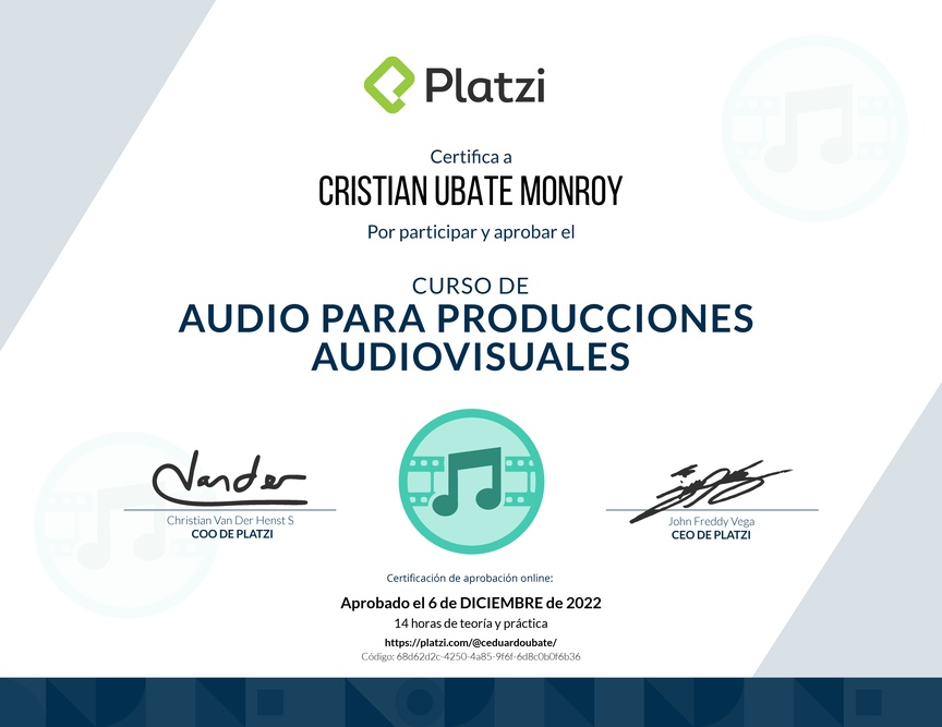 Diploma del Curso de Audio para Producciones Audiovisuales