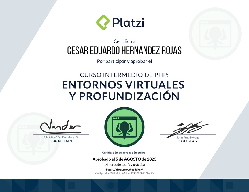 Diploma del Curso de PHP: Entornos Virtuales y Funciones Avanzadas