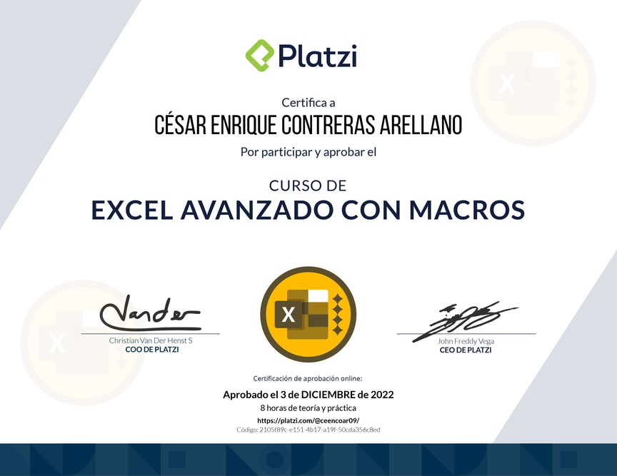 Diploma del Curso de Excel Avanzado con Macros