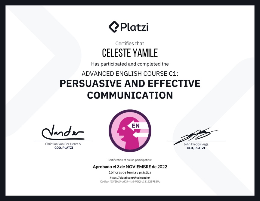 Diploma del Curso de Inglés Avanzado: Comunicación Persuasiva y Efectiva (2021)