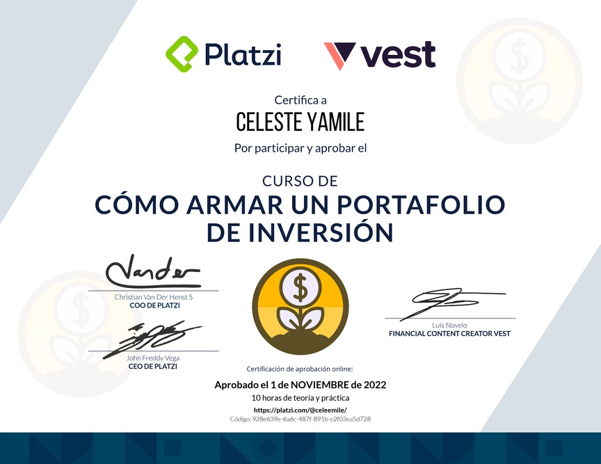 Diploma del Curso de Cómo Armar un Portafolio de Inversión con Vest