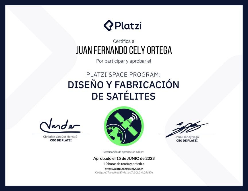 Diploma de Platzi Space Program: Diseño y Fabricación de Nuestro Satélite