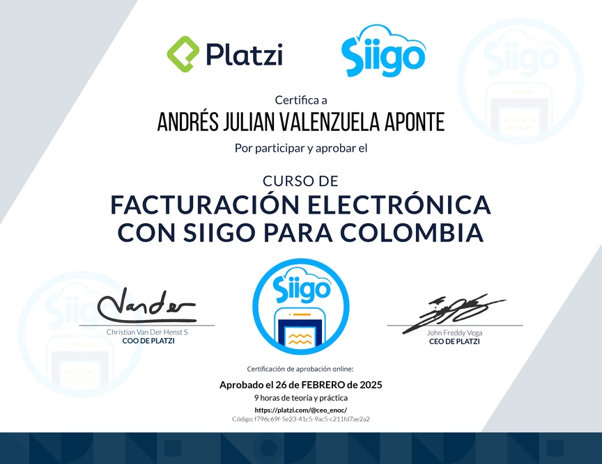 Diploma del Curso de Facturación Electrónica con Siigo para Colombia