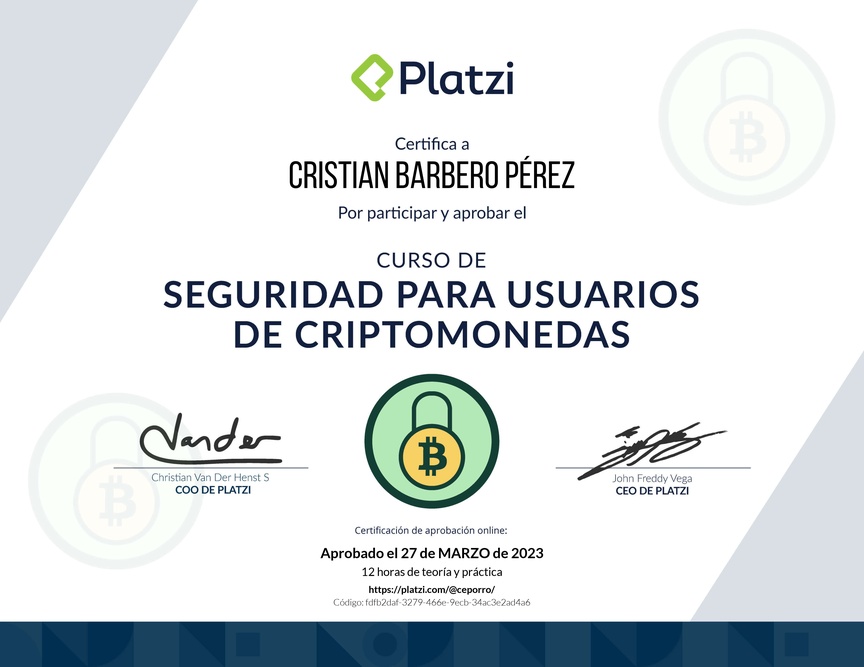 Diploma del Curso de Seguridad para Usuarios de Criptomonedas