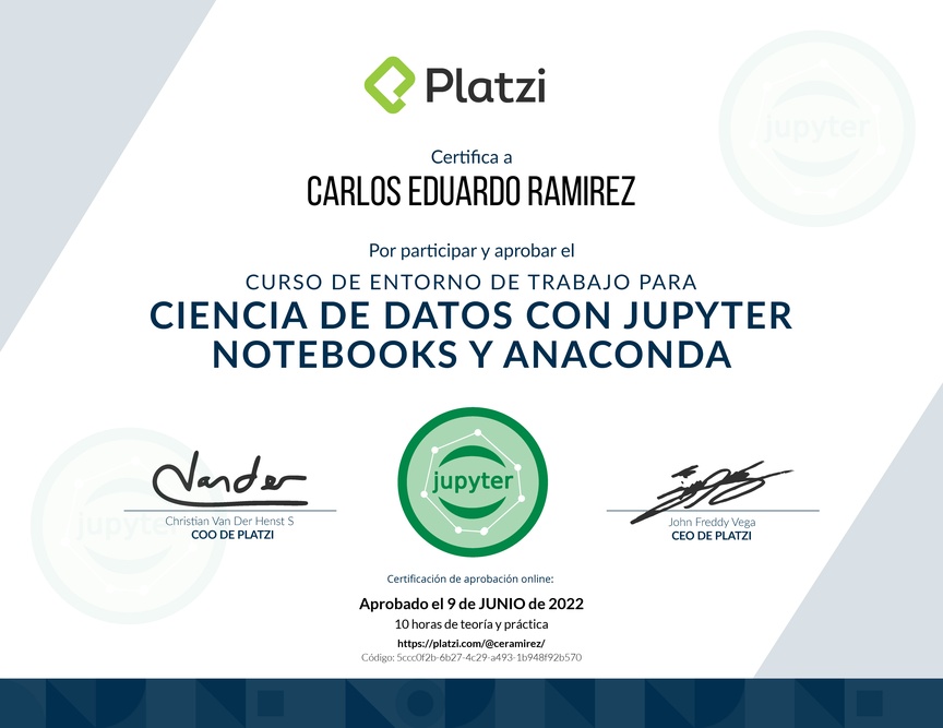 Diploma del Curso de Entorno de Trabajo para Ciencia de Datos con Jupyter Notebooks y Anaconda