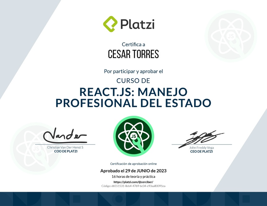 Diploma del Curso de React.js: Manejo Profesional del Estado