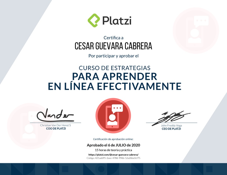 Diploma del Curso de Estrategias para Aprender en Línea Efectivamente 2019