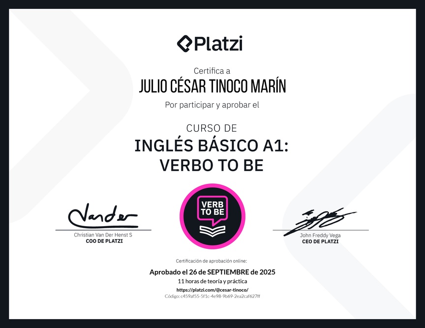Diploma del Curso de Inglés Básico A1: Verbo To Be