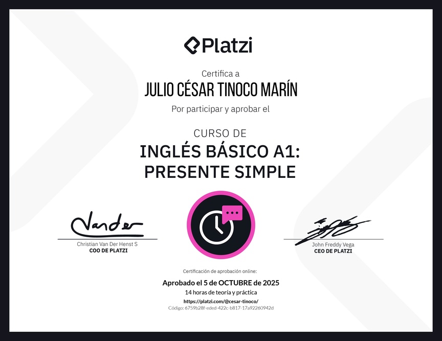 Diploma del Curso de Inglés Básico A1: Presente Simple