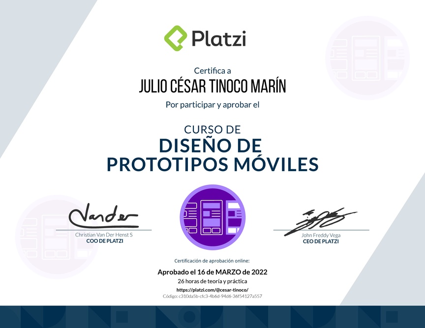 Diploma del Curso de Diseño de Prototipos Móviles