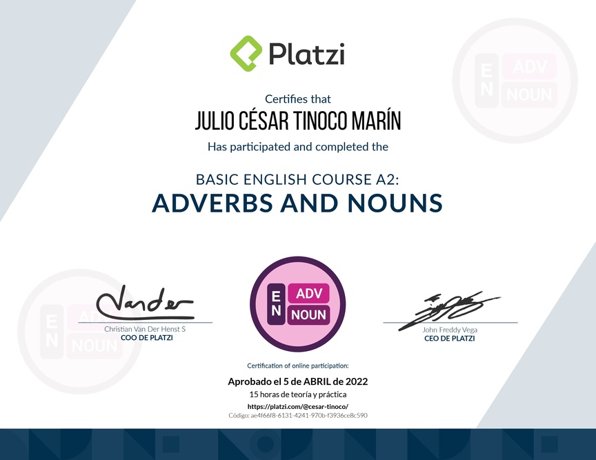 Diploma del Curso de Inglés Básico: Adverbios y Sustantivos (2021)