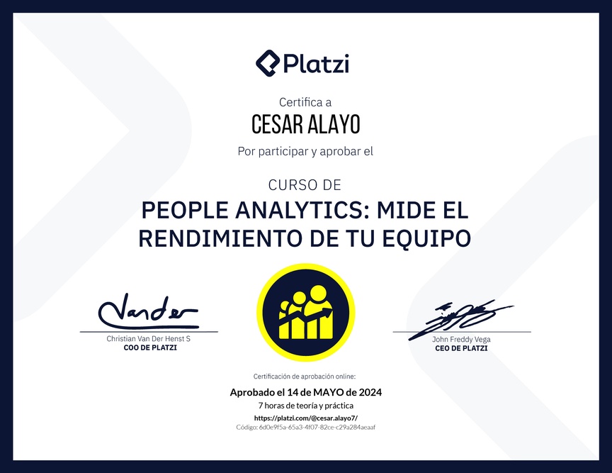 Diploma del Curso de People Analytics: Mide el Rendimiento de tu Equipo