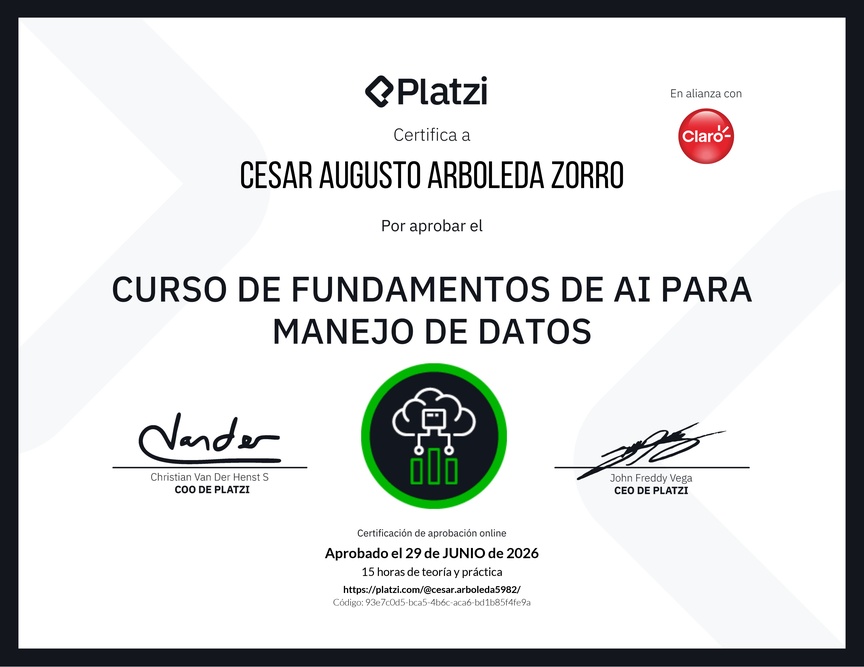 Diploma del Curso de  Fundamentos de AI para Manejo de Datos