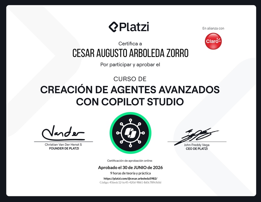 Diploma del Curso de Creación de Agentes Avanzados con Microsoft Copilot Studio