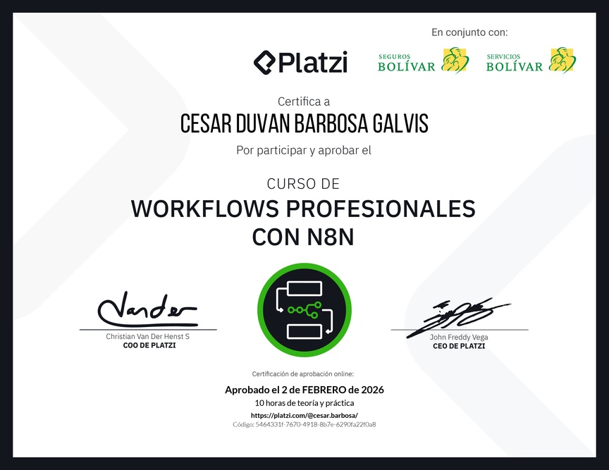 Diploma del Curso de Workflows Profesionales con n8n