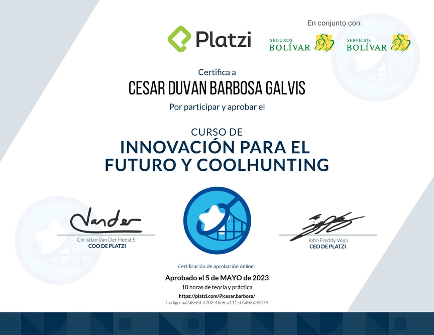 Diploma del Curso de Innovación para el Futuro y Coolhunting