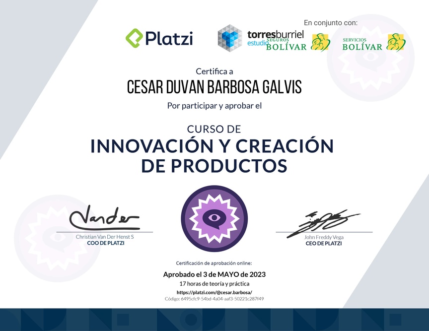 Diploma del Curso de Innovación y Creación de Productos