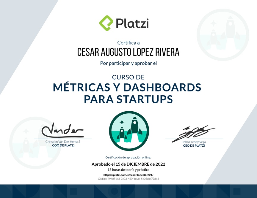 Diploma del Curso de Métricas y Dashboards para Startups