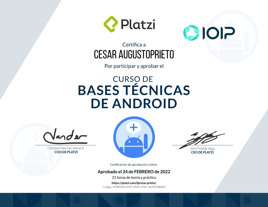 Diploma del Curso de Bases Técnicas de Android