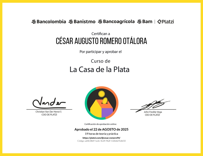 Diploma del Curso La Casa de la Plata Grupo Bancolombia