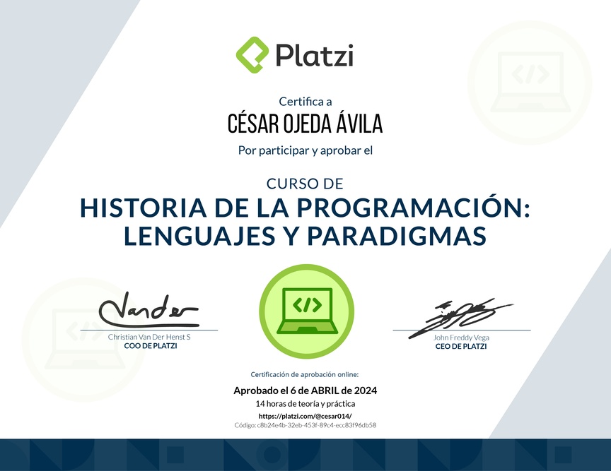 Diploma del Curso de Historia de la Programación: Lenguajes y Paradigmas