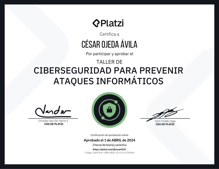 Diploma del Curso de Introducción a Ciberseguridad: Prevención de Ataques Informáticos