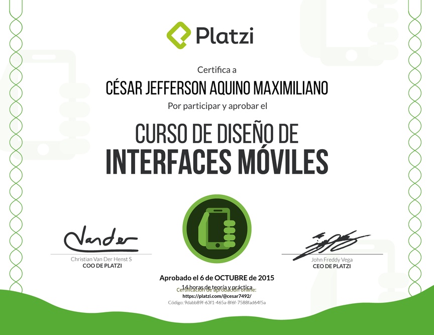Diploma del Curso de Diseño de Interfaces Móviles 2015