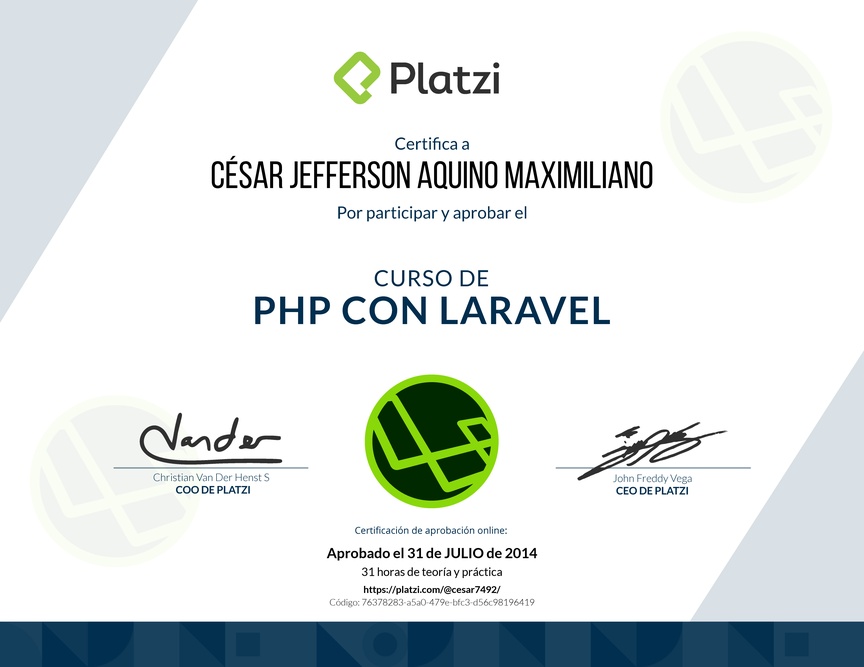 Diploma del Curso de PHP con Laravel 2015