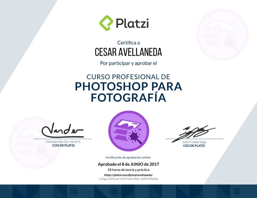 Diploma del Curso de edición de fotografías con Photoshop