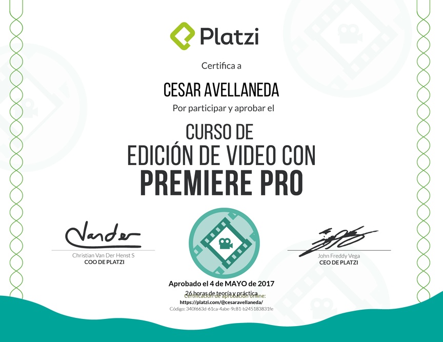 Diploma del Curso de edición de video con Premiere Pro 2016