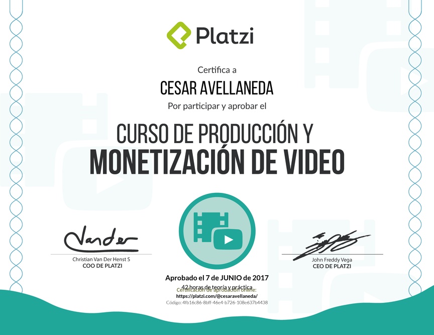 Diploma del Curso de Producción y Monetización de Video 2016