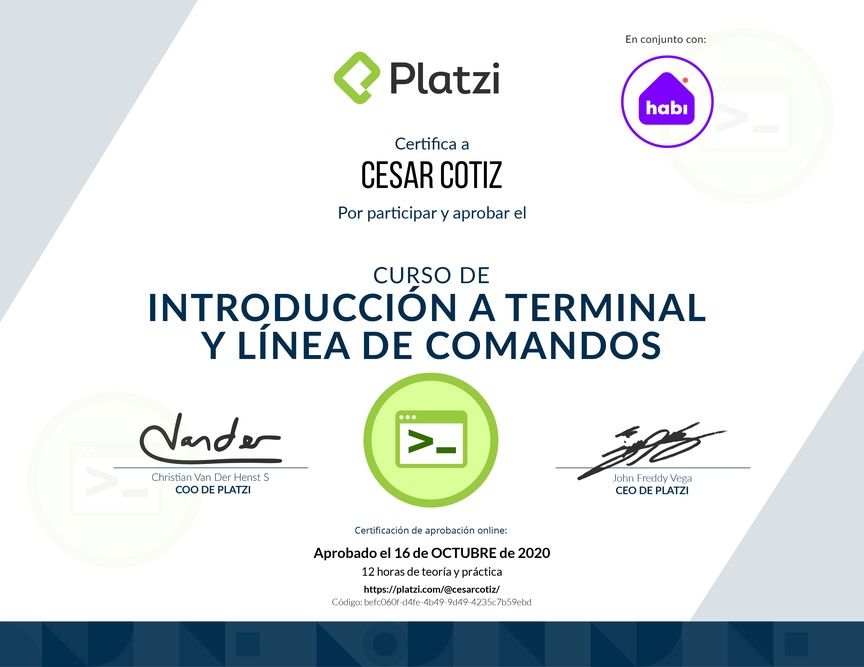 Diploma del Curso de Introducción a la Terminal y Línea de Comandos 2019