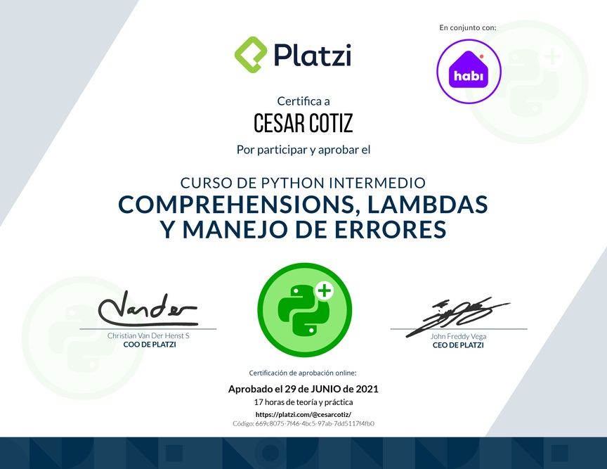 Diploma del Curso de Python Intermedio: Comprehensions, Lambdas y Manejo de Errores