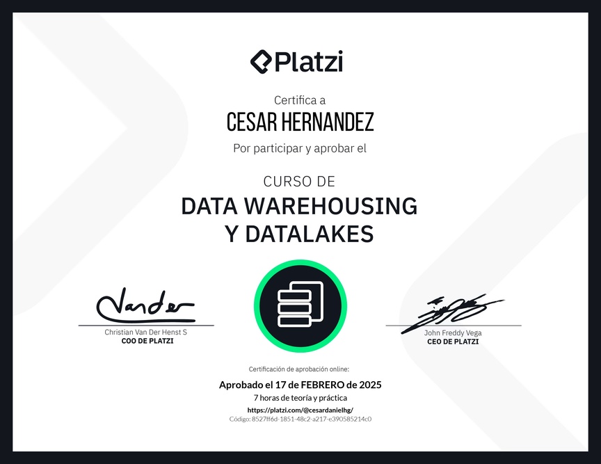 Diploma del Curso de Data Warehousing y Data Lakes