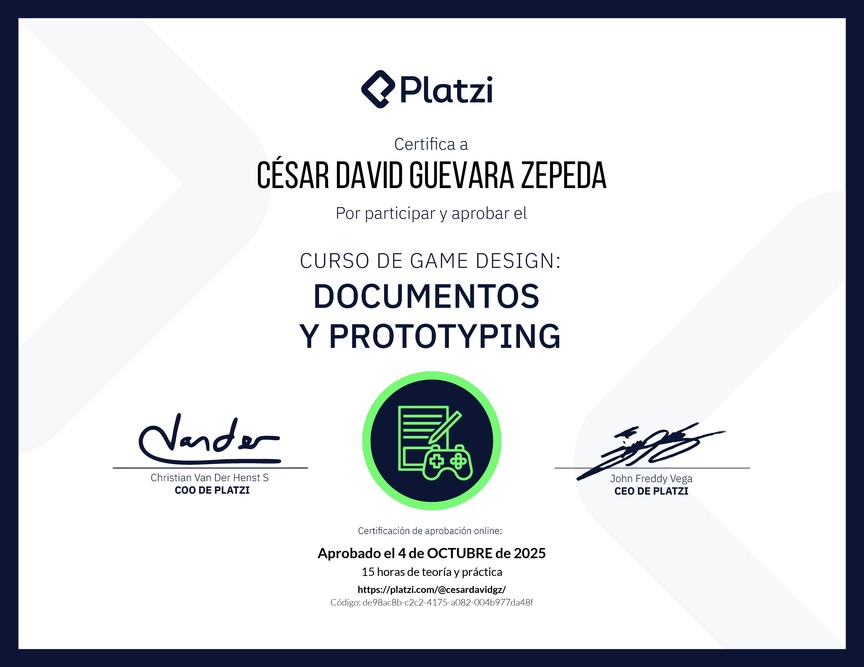 Diploma del Curso de Game Design: Documentos y Prototyping