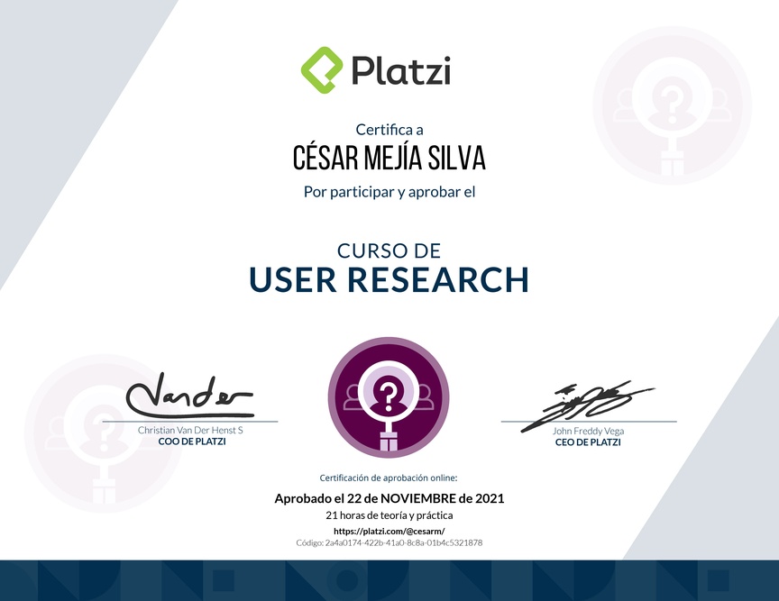 Diploma del Curso de User Research: Técnicas para una Investigación Efectiva