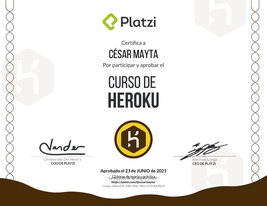 Diploma del Curso de Heroku 2015