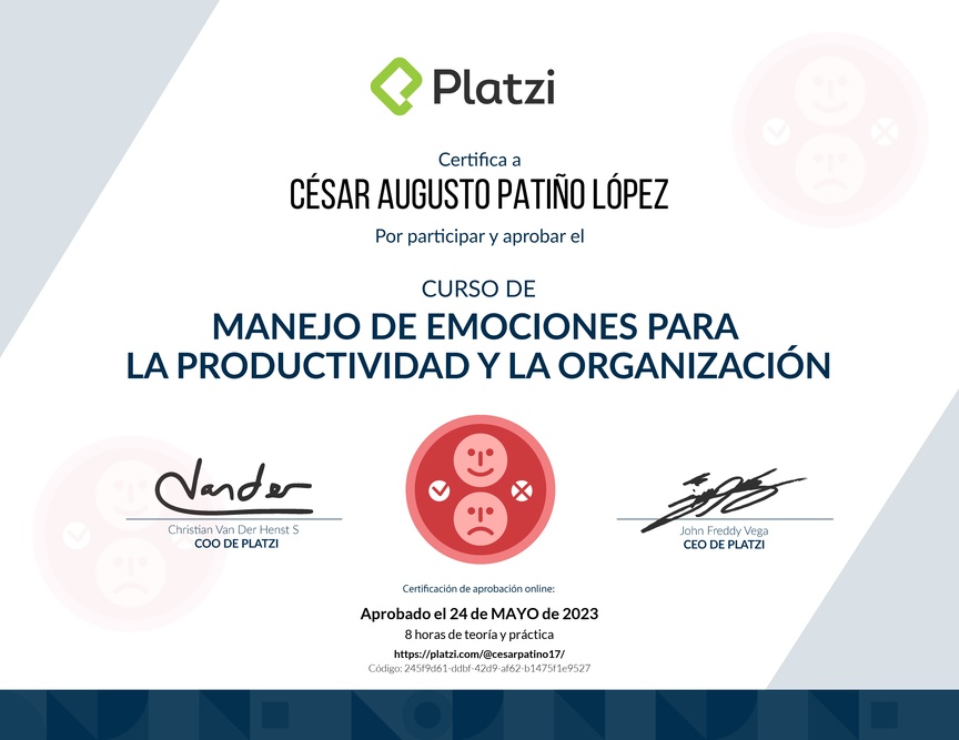 Diploma del Curso de Manejo de Emociones para la Productividad y la Organización