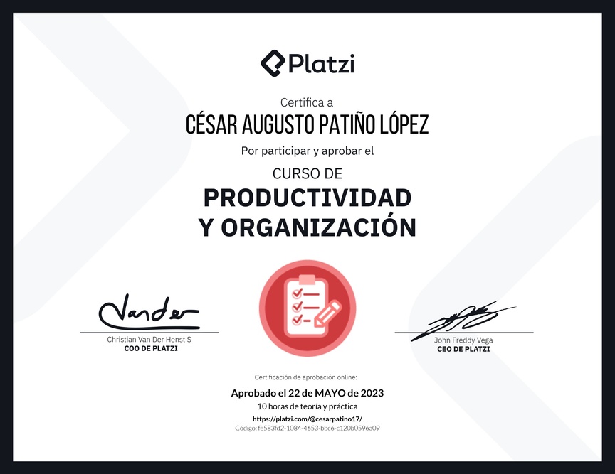 Diploma del Curso de Productividad y Organización