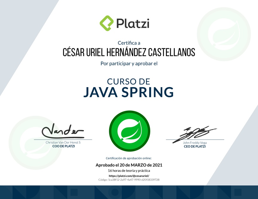 Diploma del Curso de Java Spring