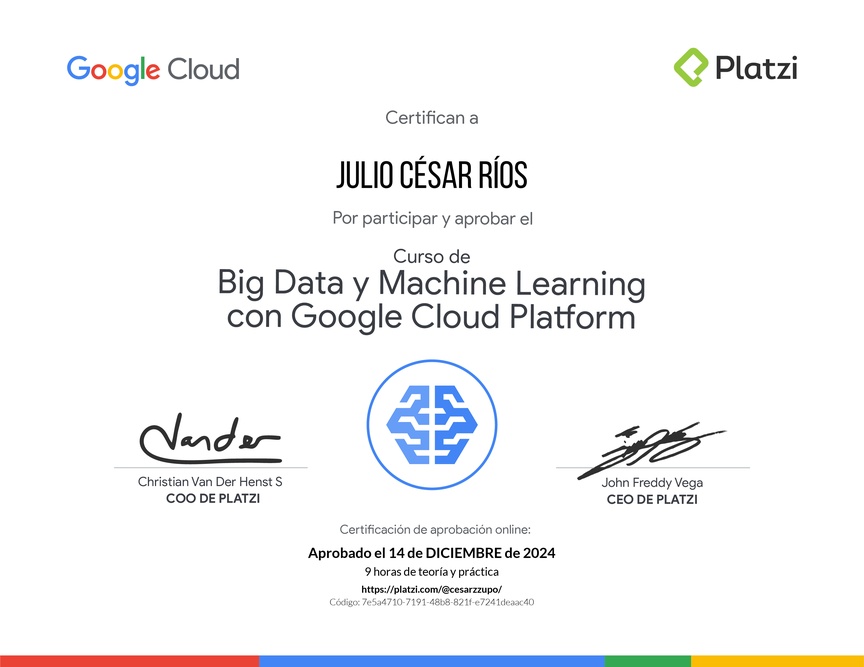 Diploma del Curso de Big Data y Machine Learning con Google Cloud Platform